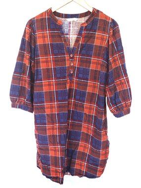 Garnet Hill Feather Wale Corduroy Dress Puff Sleeve Blue Orange Plaid, Size M